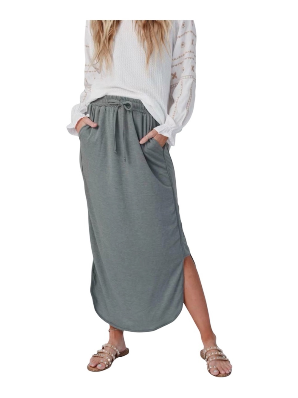 Three Bird Nest Sage Drawstring Maxi Skirt with Side Slit